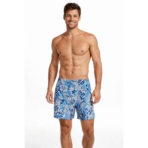 Pistol Pete T2 Blue Floral Retro Swim Trunks Cotton Board Shorts 28R